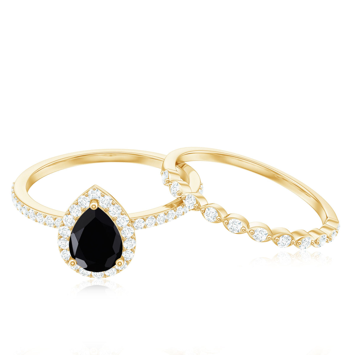 Natural Pear Shape Black Spinel Diamond Wedding Engagement Ring Set of 2