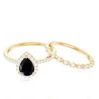 Natural Pear Shape Black Spinel Diamond Wedding Engagement Ring Set of 2