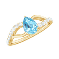 Split Shank Pear Cut Aquamarine Solitaire Ring with Diamond