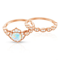 Vintage Inspired Ethiopian Opal Flower Engagement Ring with Wedding Band