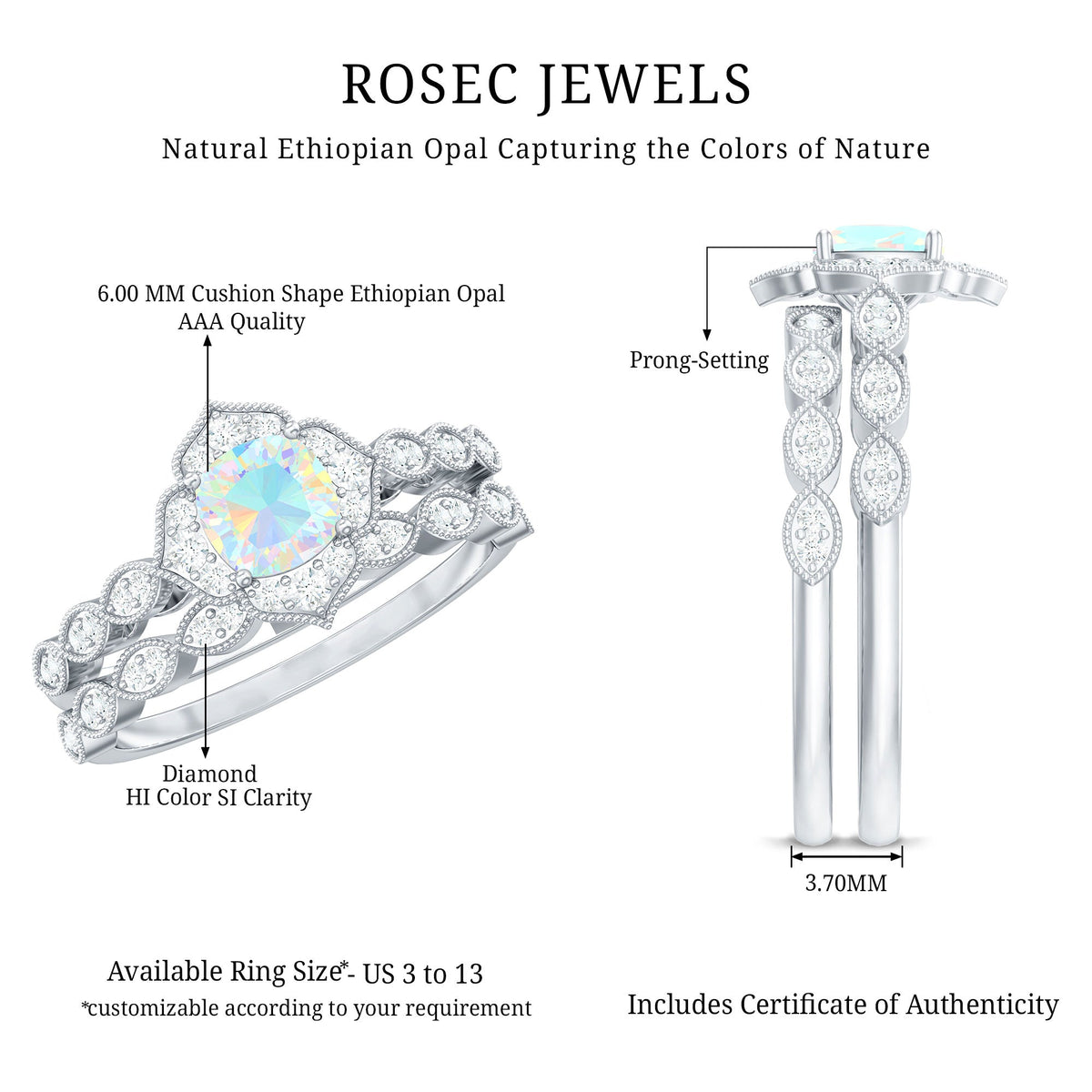 Vintage Inspired Ethiopian Opal Flower Engagement Ring with Wedding Band