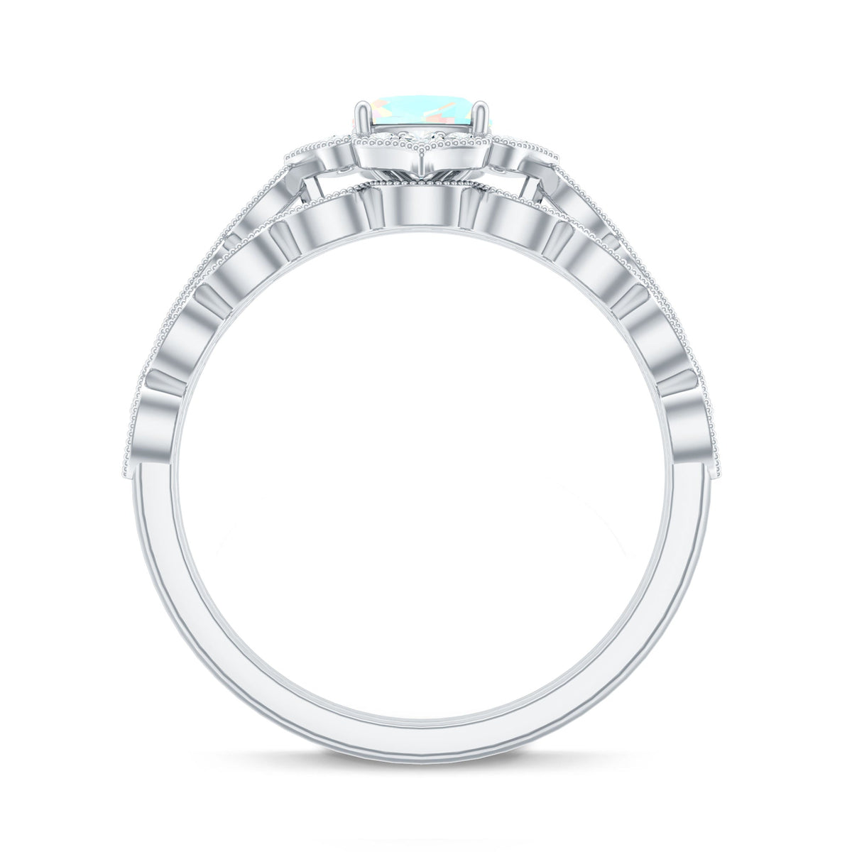 Vintage Inspired Ethiopian Opal Flower Engagement Ring with Wedding Band