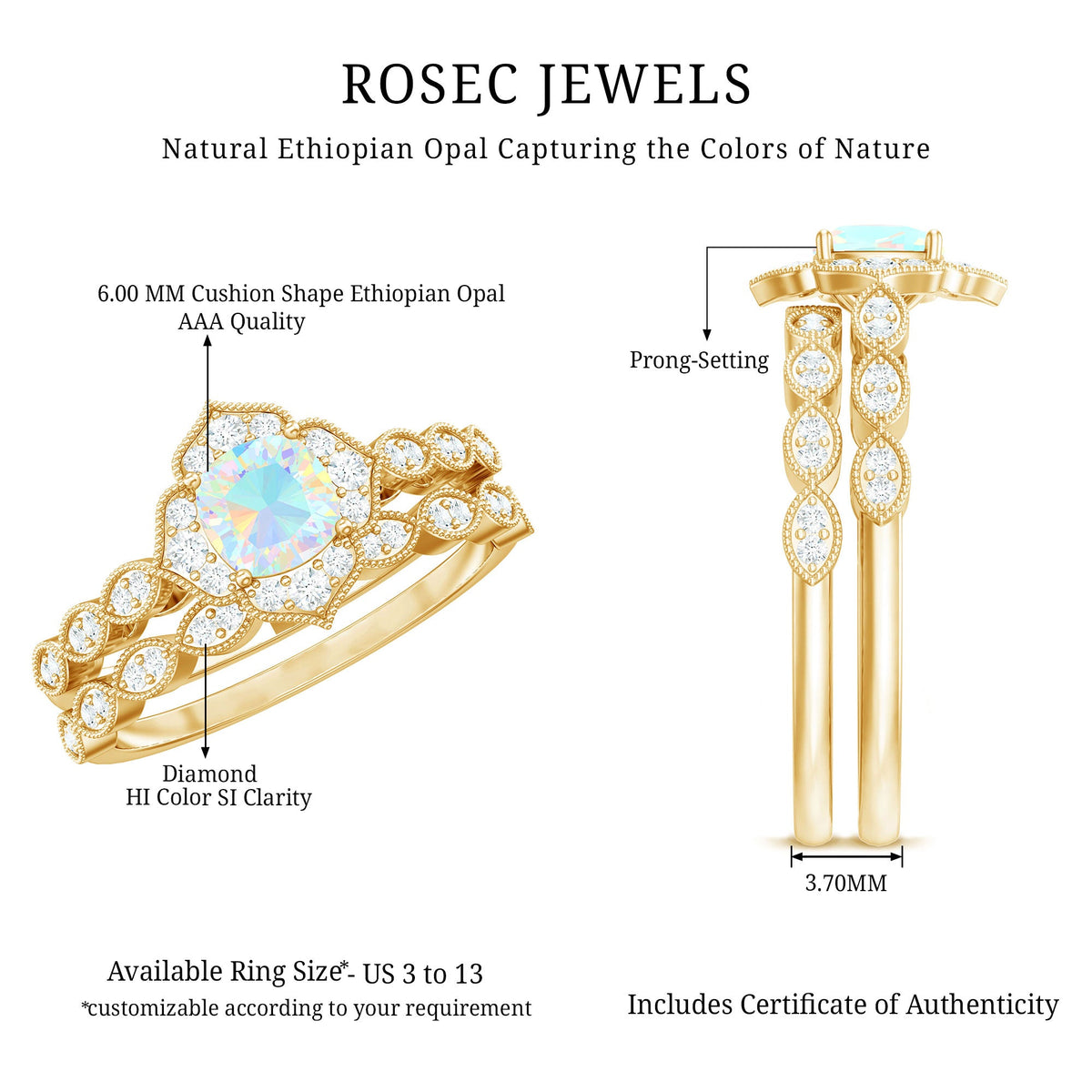 Vintage Inspired Ethiopian Opal Flower Engagement Ring with Wedding Band