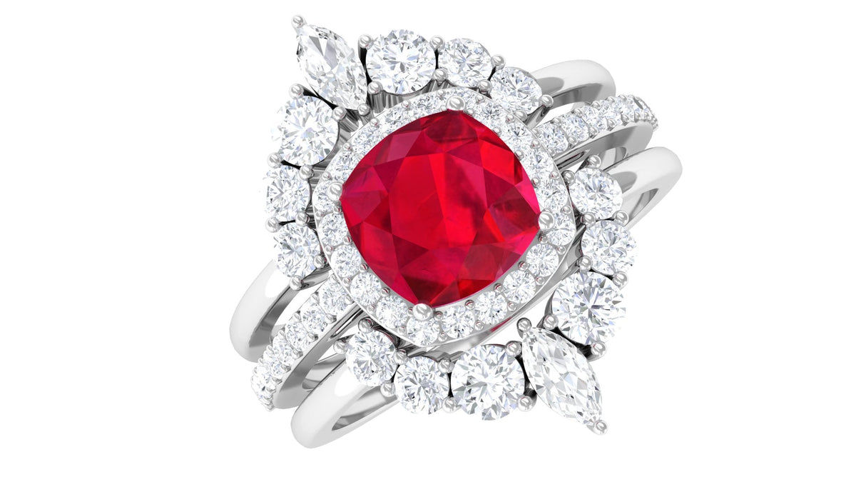 Certified Lab Grown Ruby 3 Piece Bridal Ring Set with Moissanite