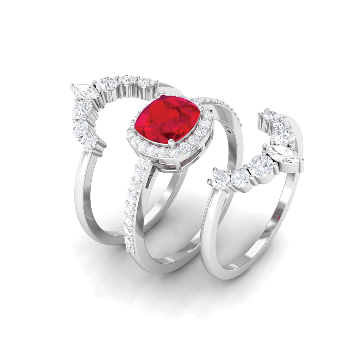 Certified Lab Grown Ruby 3 Piece Bridal Ring Set with Moissanite