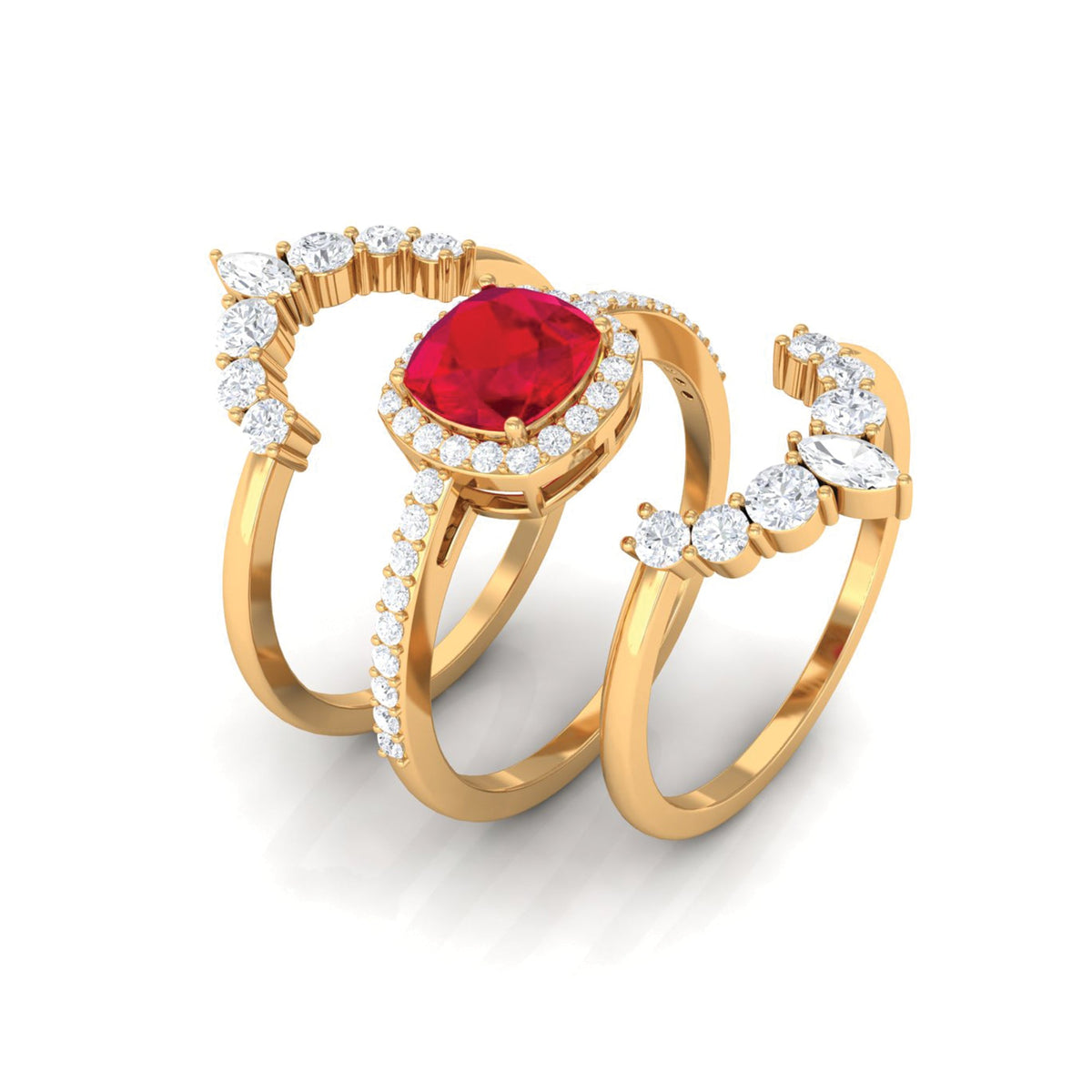 Certified Lab Grown Ruby 3 Piece Bridal Ring Set with Moissanite