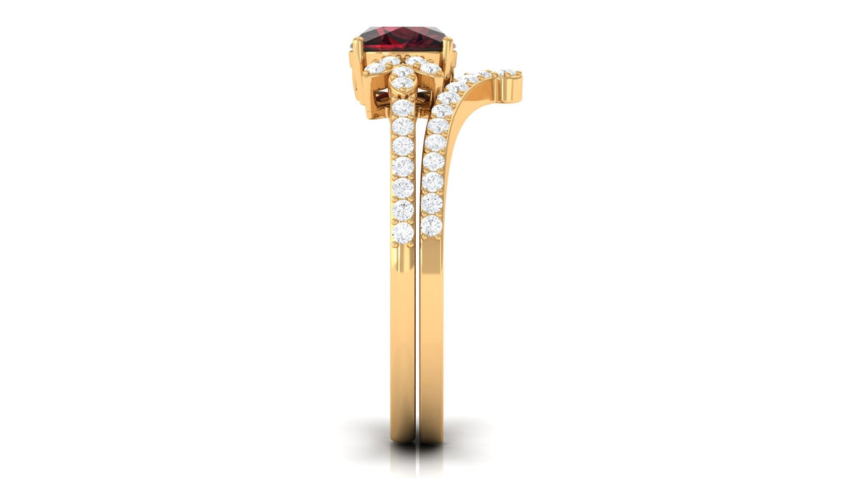 Cushion Cut Garnet and Diamond Designer Wedding Ring Set For Her