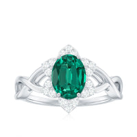 Certified Oval Lab Grown Emerald Diamond Flower Engagement Ring with Crossover Shank