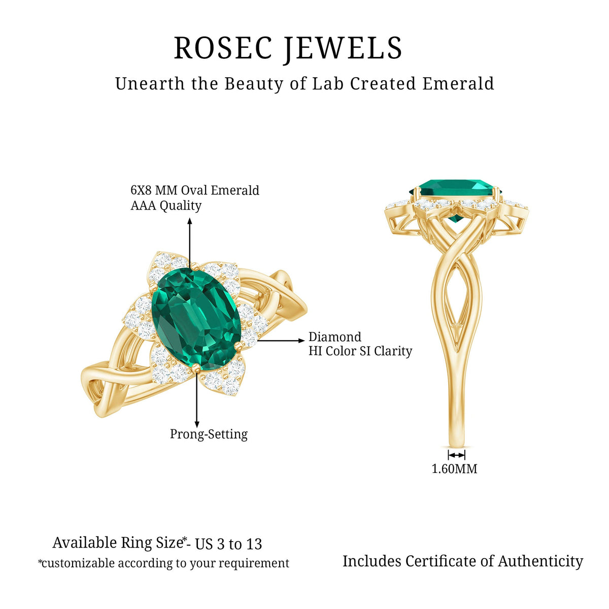 Certified Oval Lab Grown Emerald Diamond Flower Engagement Ring with Crossover Shank