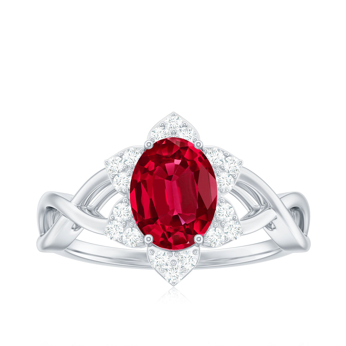 Oval Lab Grown Ruby Floral Ring with Diamond Halo