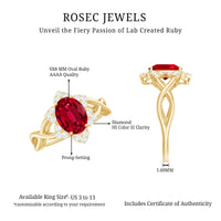 Oval Lab Grown Ruby Floral Ring with Diamond Halo