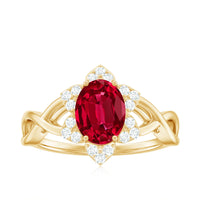Oval Lab Grown Ruby Floral Ring with Diamond Halo