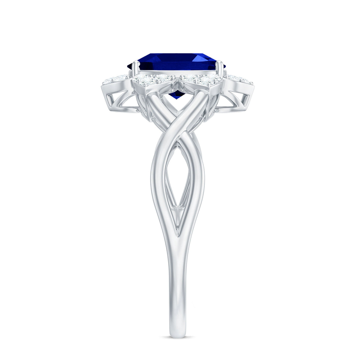 Certified 1.5 Carat Lab Grown Blue Sapphire Engagement Ring with Flower Diamond Halo
