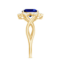 Certified 1.5 Carat Lab Grown Blue Sapphire Engagement Ring with Flower Diamond Halo