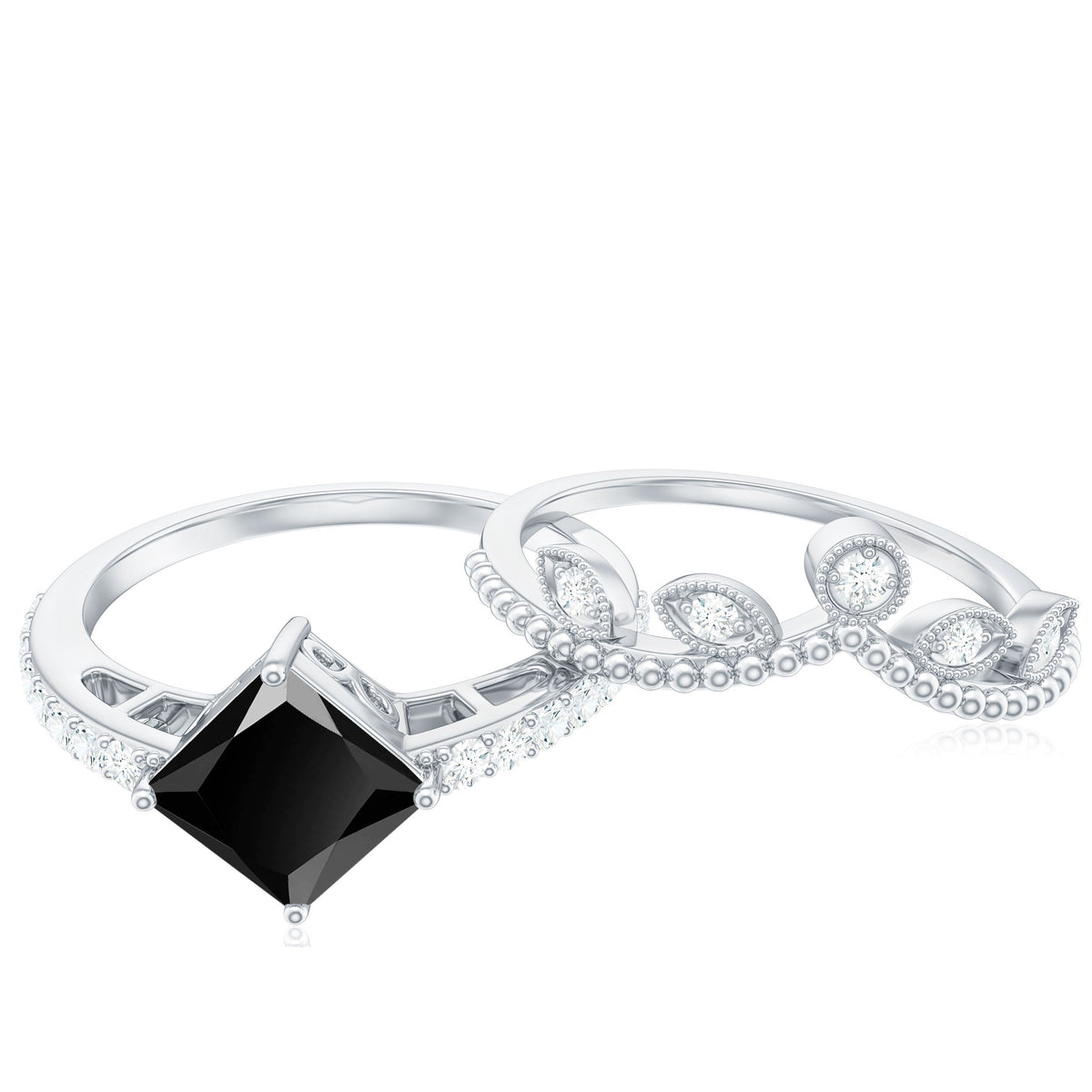 5mm Princess Cut Black Onyx Engagement Ring with Diamond Wedding Band