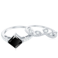5mm Princess Cut Black Onyx Engagement Ring with Diamond Wedding Band