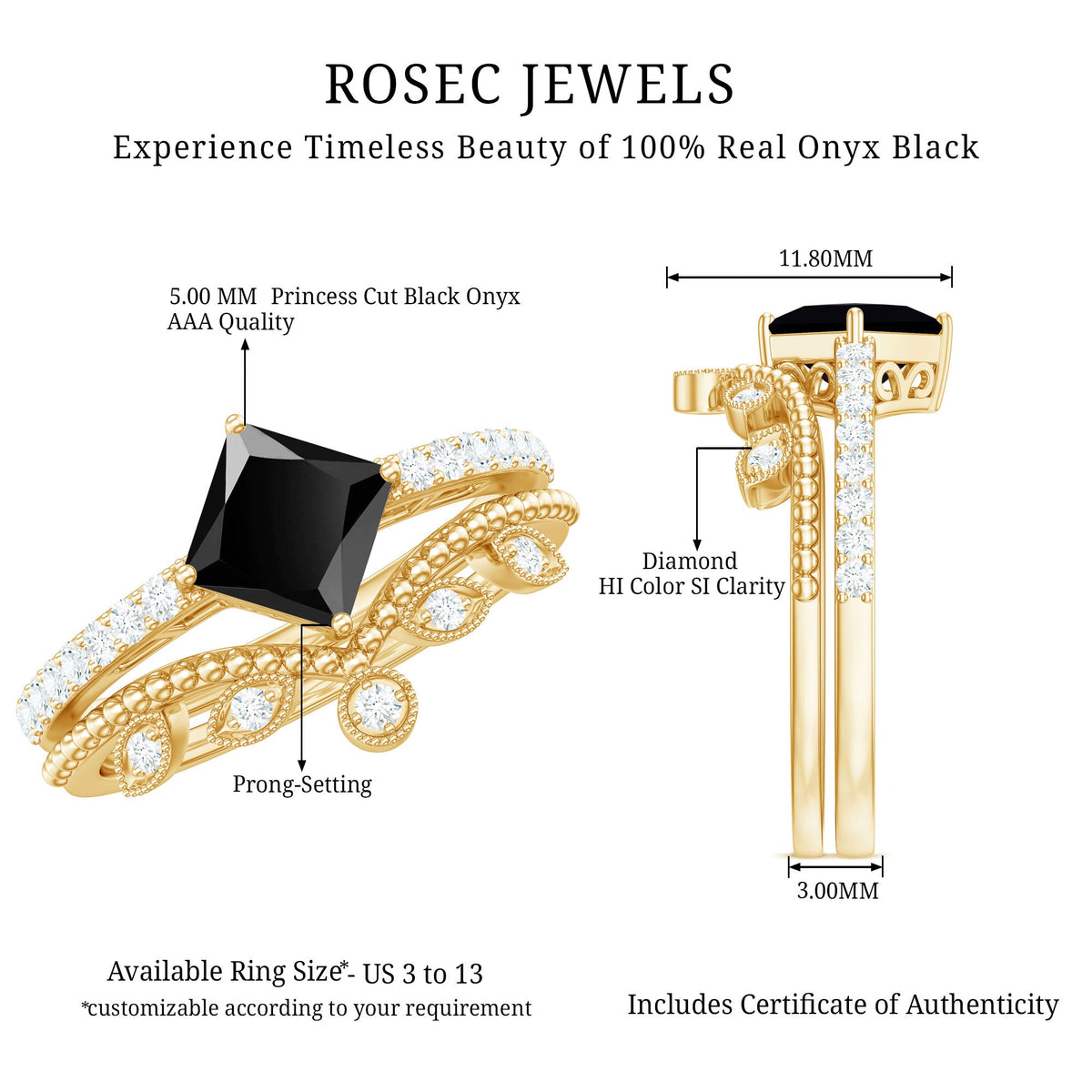 5mm Princess Cut Black Onyx Engagement Ring with Diamond Wedding Band