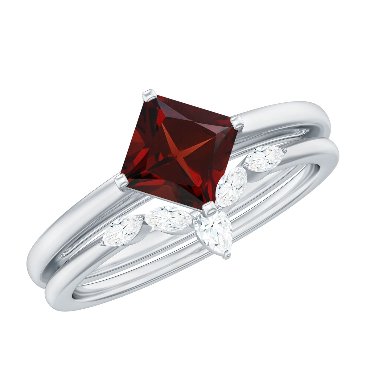 6MM Princess Cut Garnet Solitaire Bridal Ring Set with Diamonds