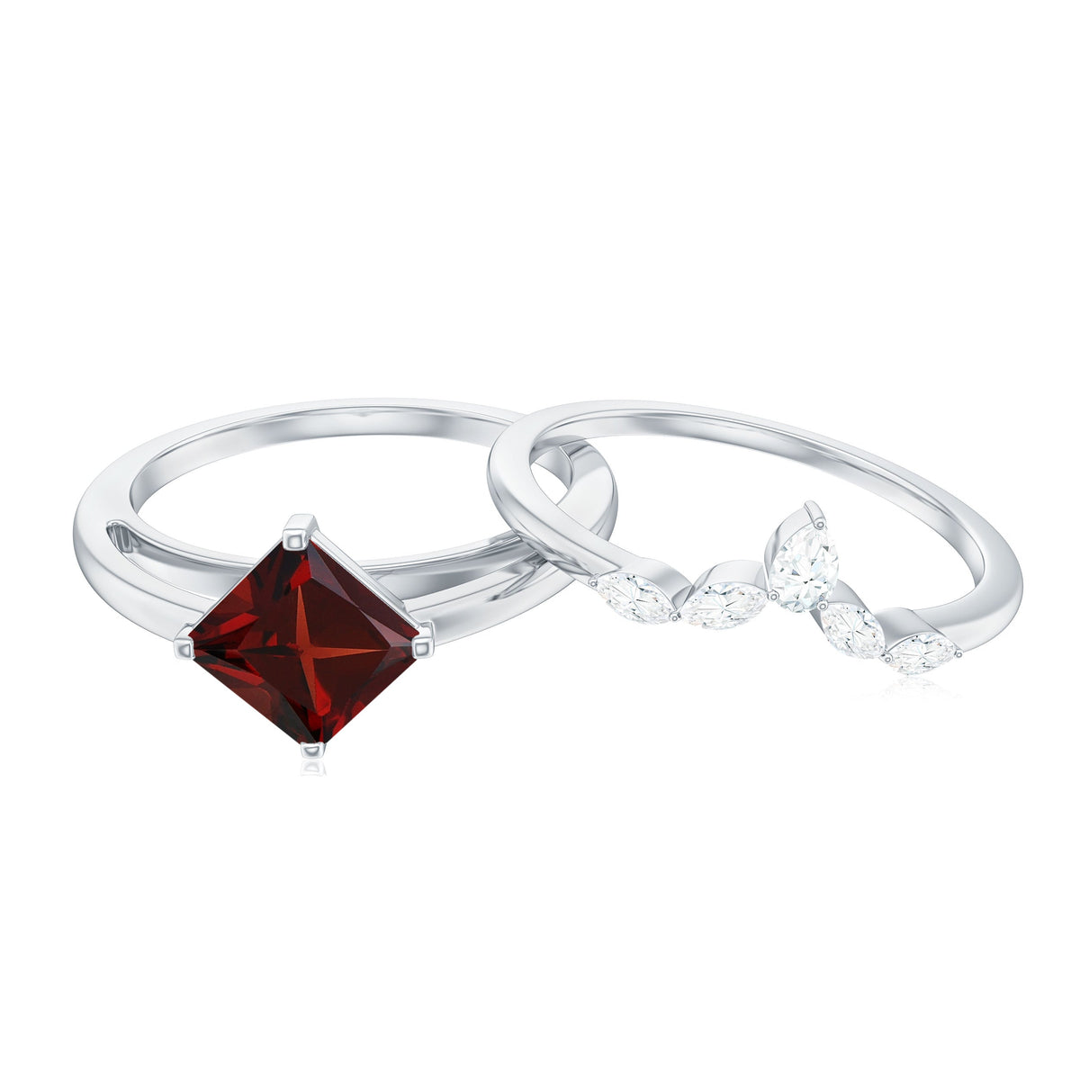 6MM Princess Cut Garnet Solitaire Bridal Ring Set with Diamonds
