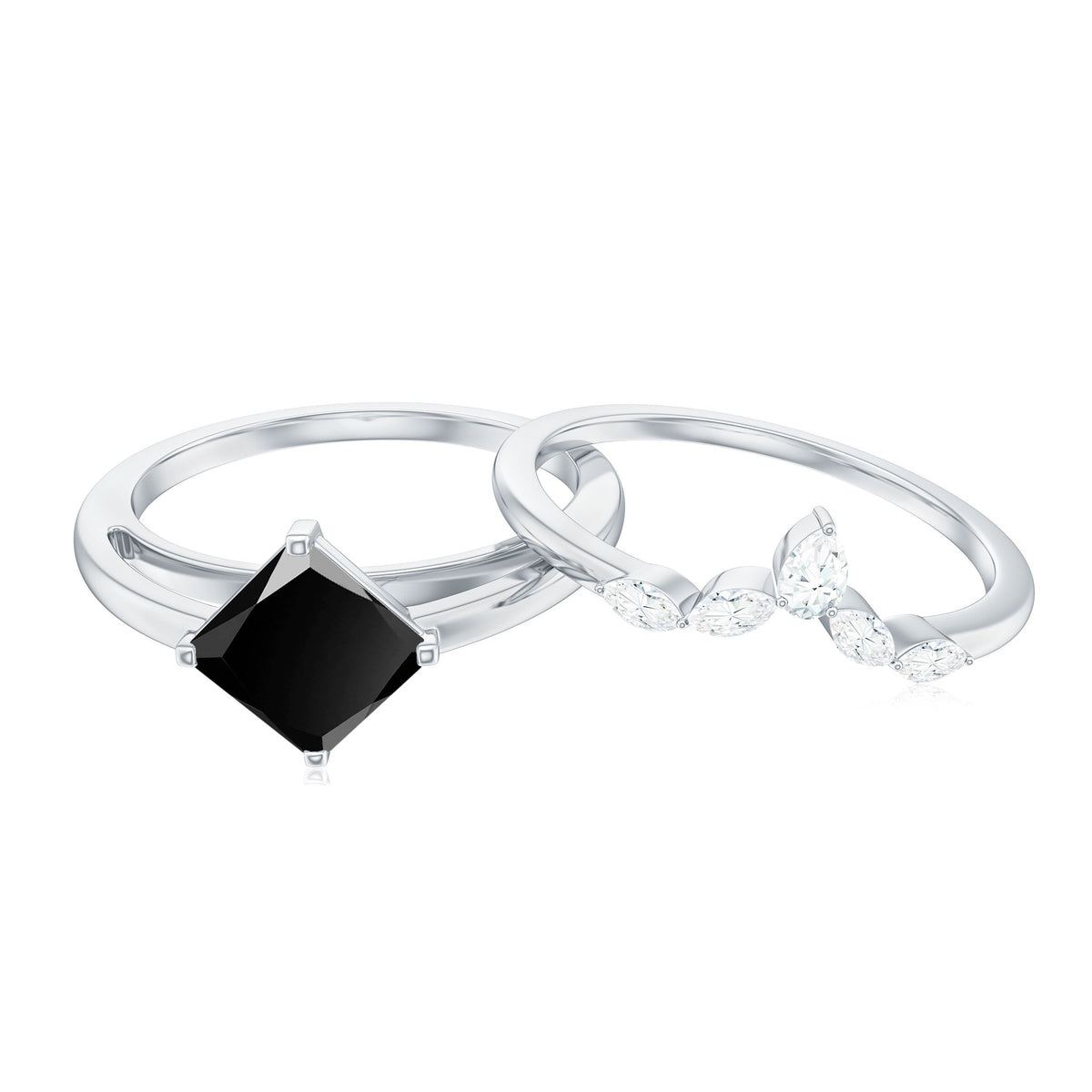 5mm Princess Cut Black Onyx Solitaire Rings Set with Diamond Enhancer