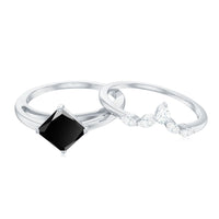 5mm Princess Cut Black Onyx Solitaire Rings Set with Diamond Enhancer