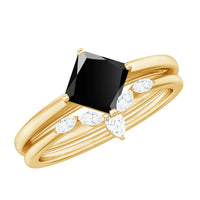 5mm Princess Cut Black Onyx Solitaire Rings Set with Diamond Enhancer