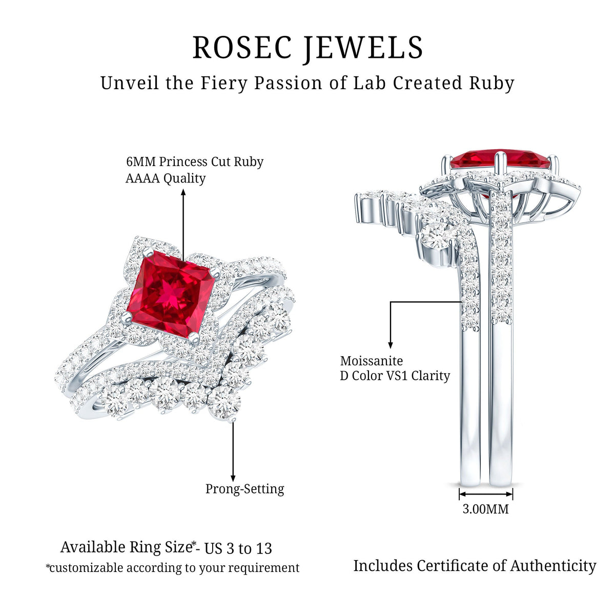 3.25 CT Designer Created Ruby and Moissanite Wedding Ring Set