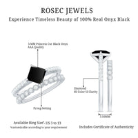 5mm Princess Cut Black Onyx Wedding Rings Set with Diamond Band