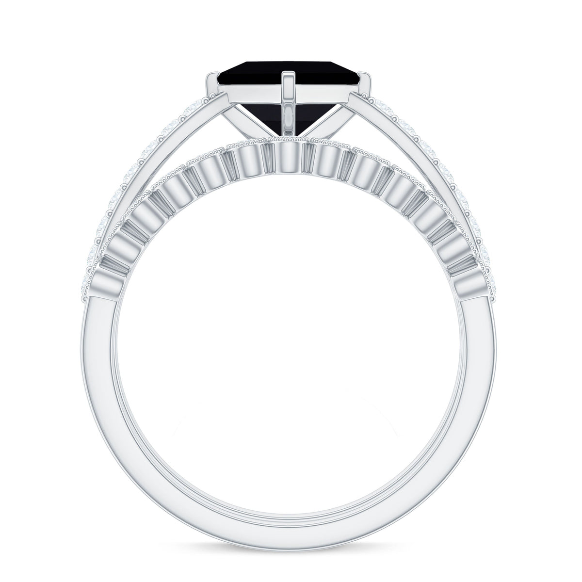 5mm Princess Cut Black Onyx Wedding Rings Set with Diamond Band