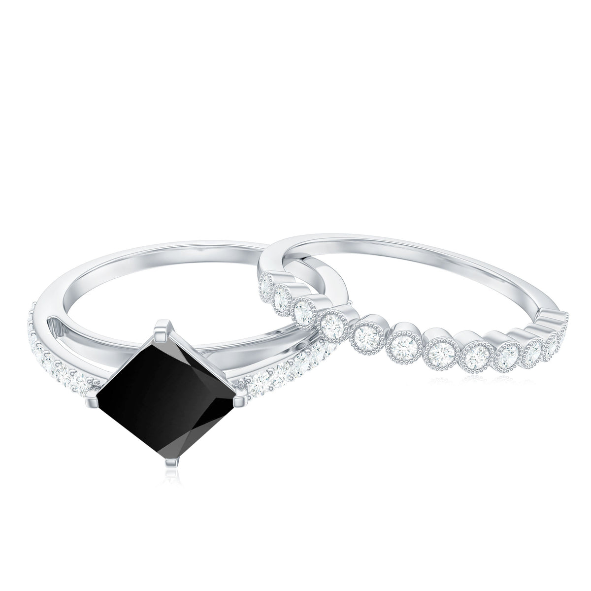 5mm Princess Cut Black Onyx Wedding Rings Set with Diamond Band