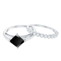 5mm Princess Cut Black Onyx Wedding Rings Set with Diamond Band