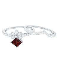 Natural Garnet Diamond Flower Engagement Ring Wedding Band Set