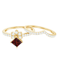 Natural Garnet Diamond Flower Engagement Ring Wedding Band Set