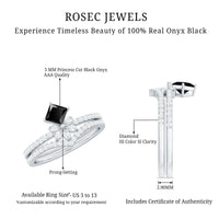 5mm Princess Cut Black Onyx Floral Rings Set with Diamond Band