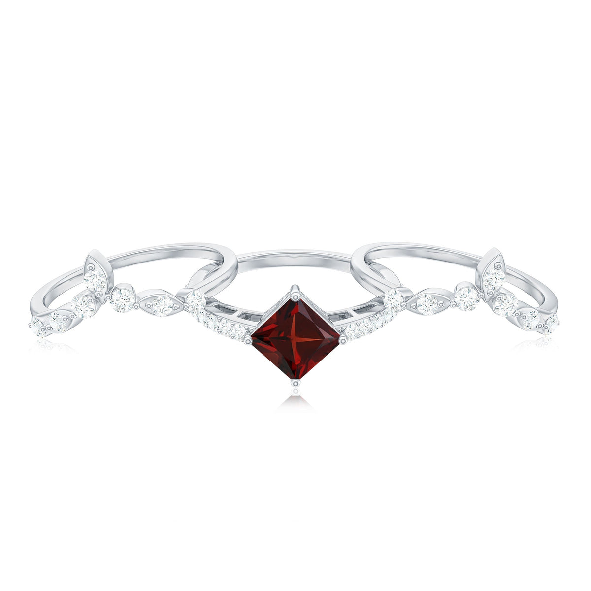 Vintage Looking Princess Cut Garnet and Diamond 3 Piece Wedding Ring Set