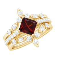 Vintage Looking Princess Cut Garnet and Diamond 3 Piece Wedding Ring Set