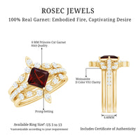 Vintage Looking Princess Cut Garnet and Diamond 3 Piece Wedding Ring Set