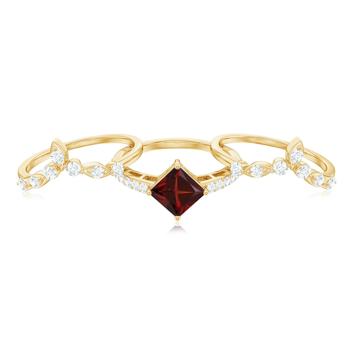 Vintage Looking Princess Cut Garnet and Diamond 3 Piece Wedding Ring Set