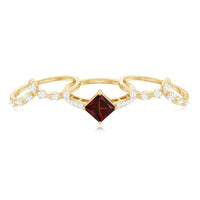 Vintage Looking Princess Cut Garnet and Diamond 3 Piece Wedding Ring Set