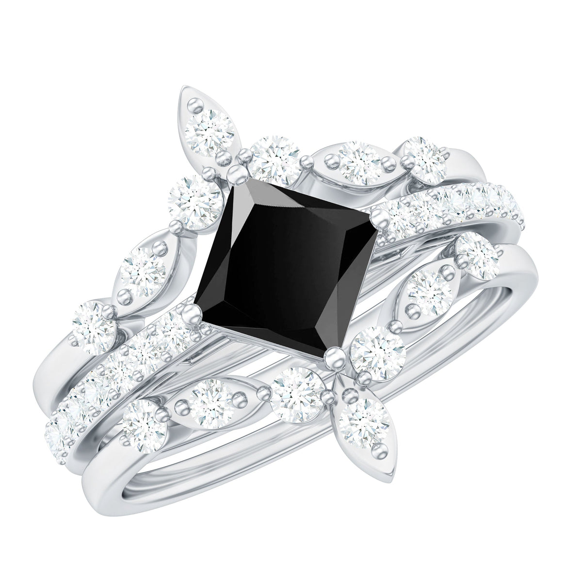 Genuine Princess Cut Black Onyx Bridal Rings Set with Diamond