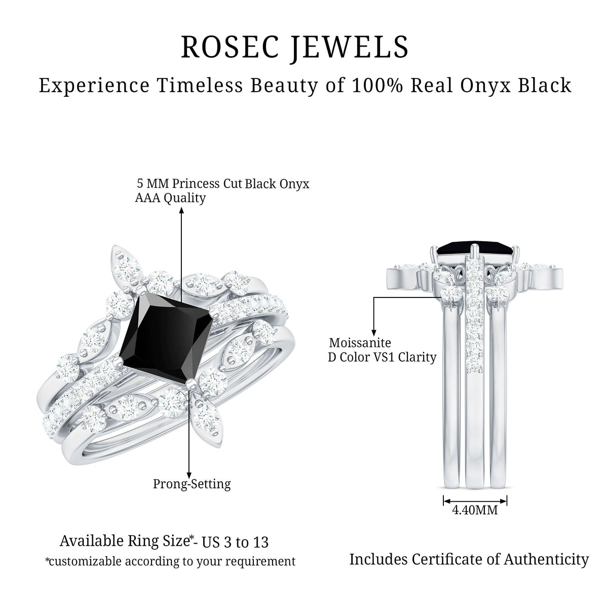 Genuine Princess Cut Black Onyx Bridal Rings Set with Diamond