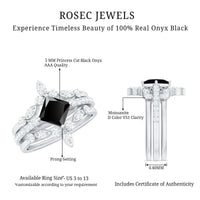 Genuine Princess Cut Black Onyx Bridal Rings Set with Diamond