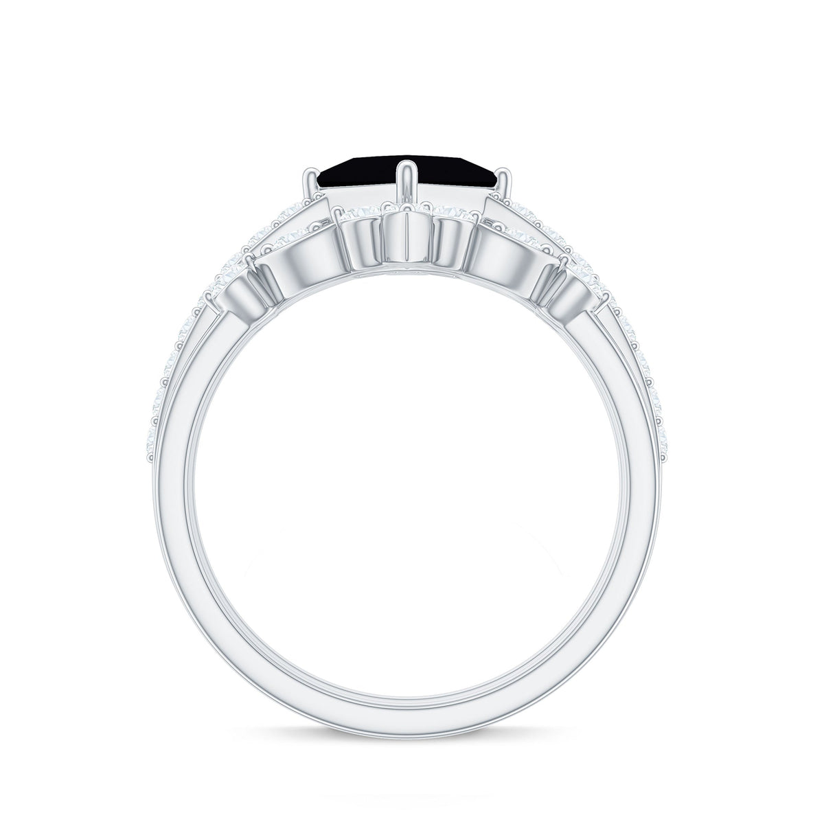 Genuine Princess Cut Black Onyx Bridal Rings Set with Diamond