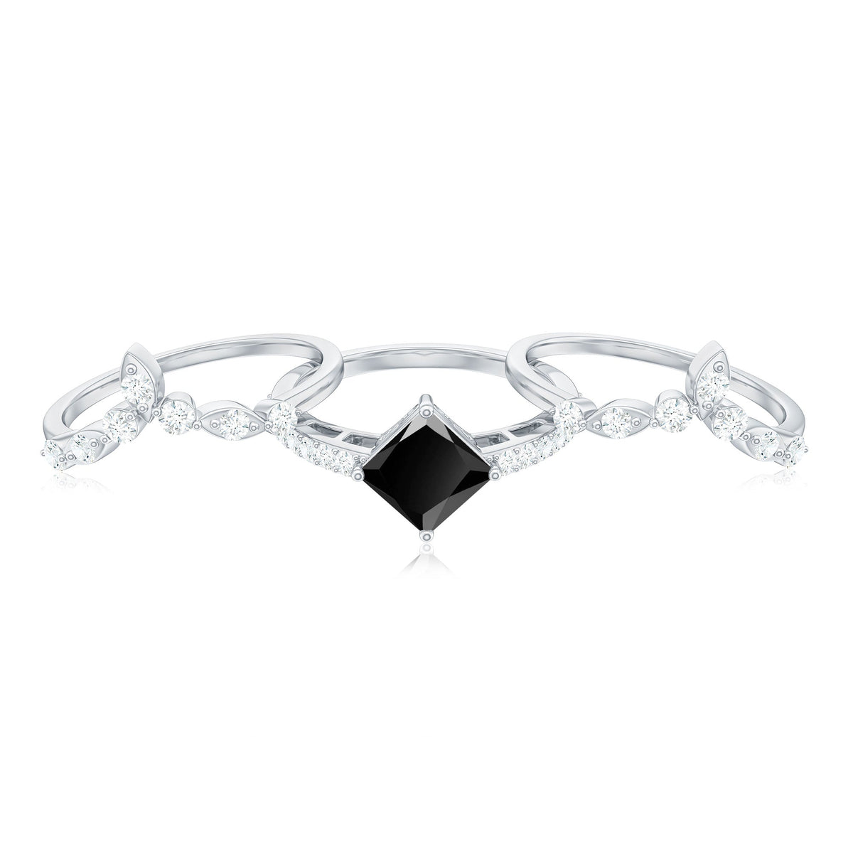 Genuine Princess Cut Black Onyx Bridal Rings Set with Diamond