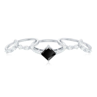 Genuine Princess Cut Black Onyx Bridal Rings Set with Diamond