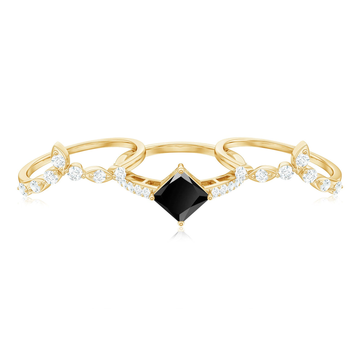 Genuine Princess Cut Black Onyx Bridal Rings Set with Diamond