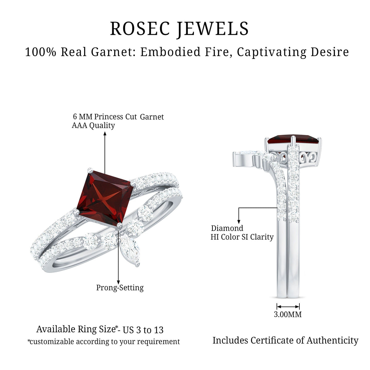 Natural Princess Cut Garnet Diamond Wedding Bridal Ring Set