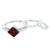 Natural Princess Cut Garnet Diamond Wedding Bridal Ring Set