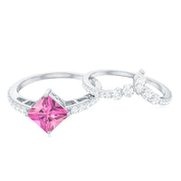 1 Carat Princess Cut Pink tourmaline and Diamond Wedding Ring Set for Women