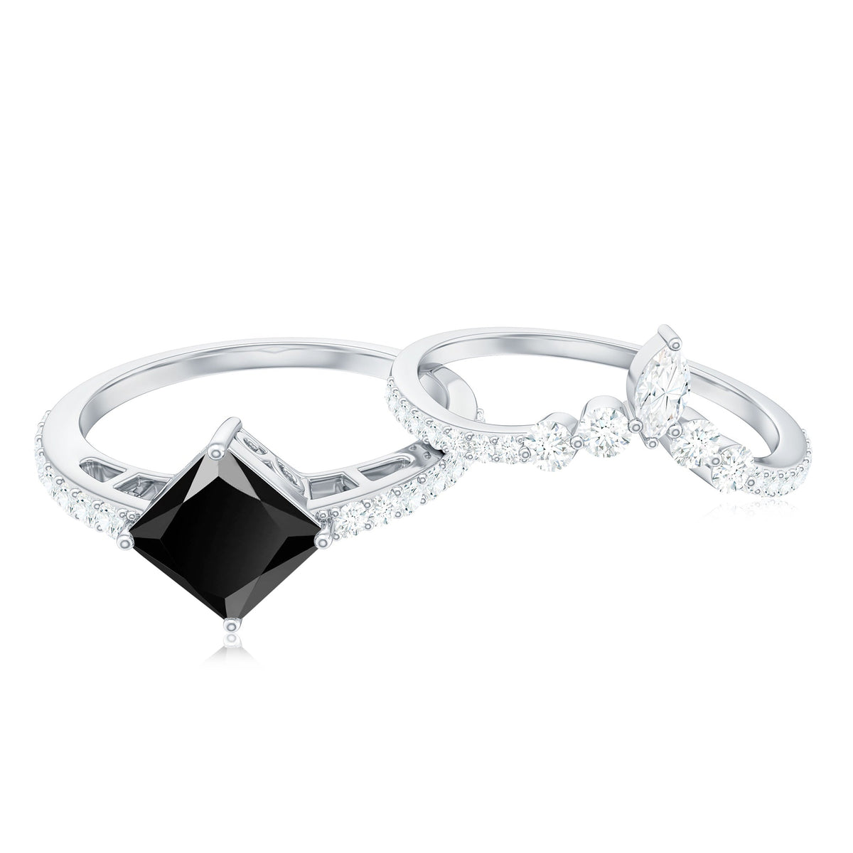 5mm Princess Cut Black Onyx Designer Wedding Rings Set with Moissanite